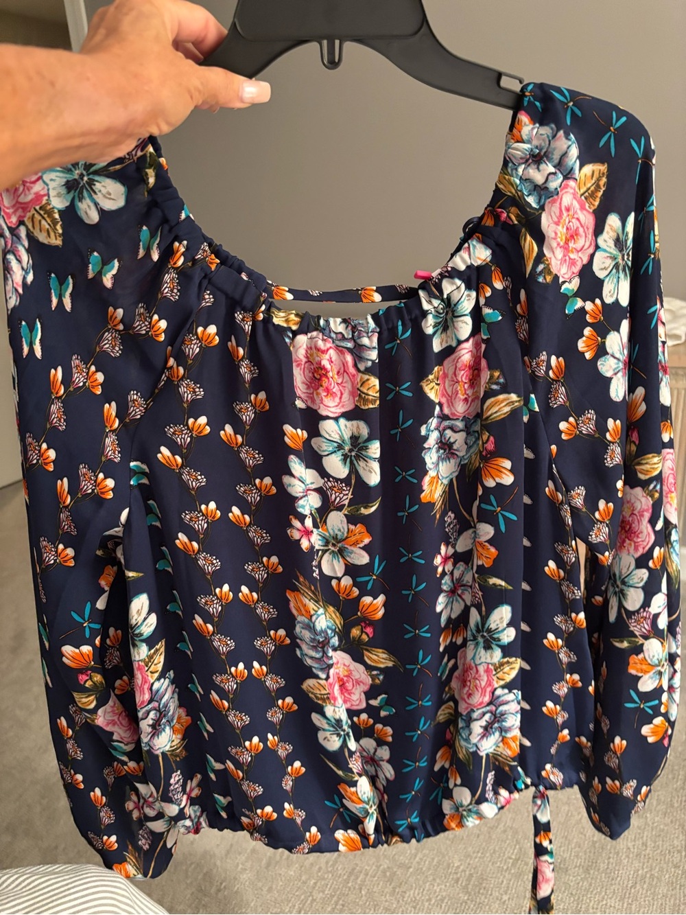 Parker Navy Floral Peasant Blouse with Pink & Orange Blooms